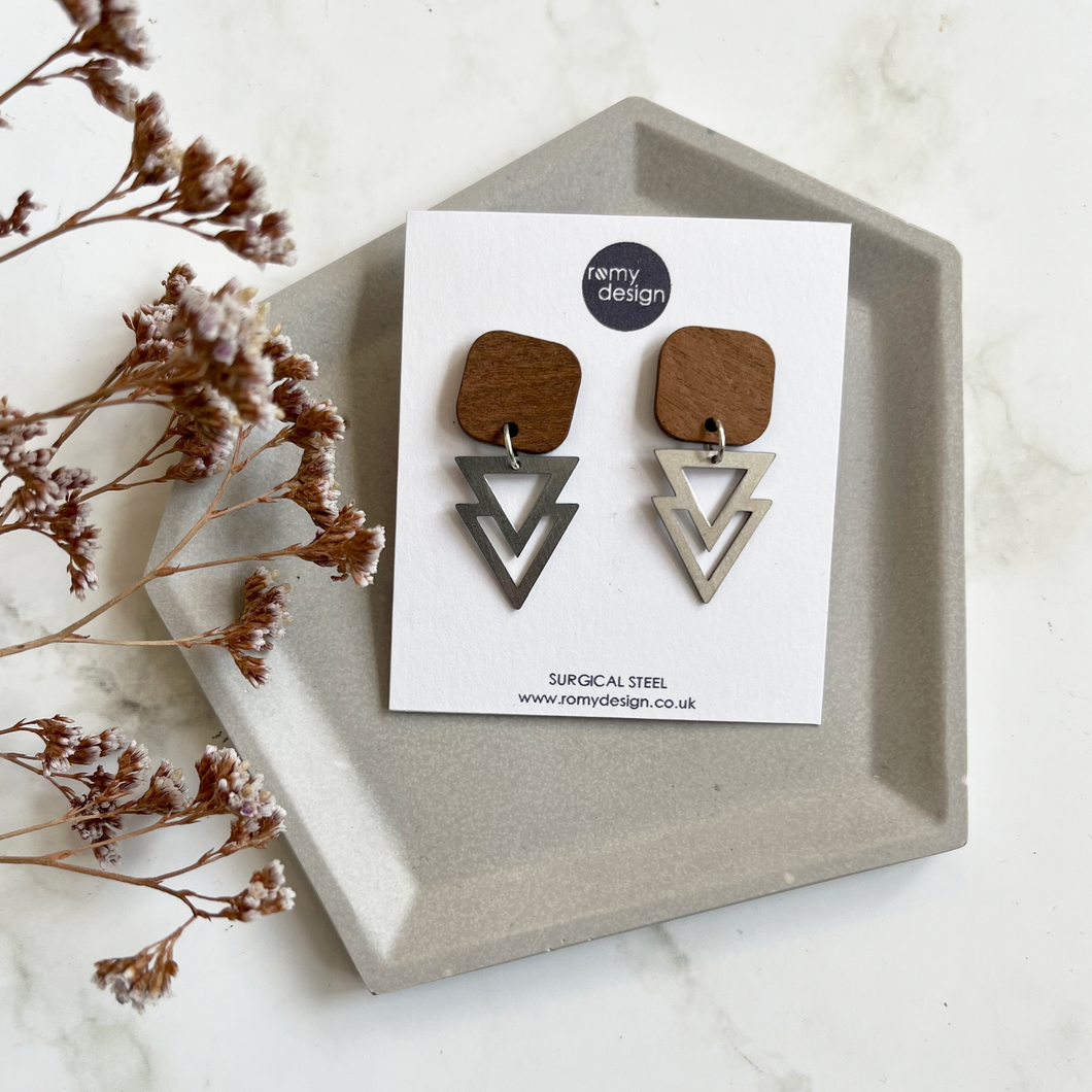 Wood & Silver Dangly Earrings