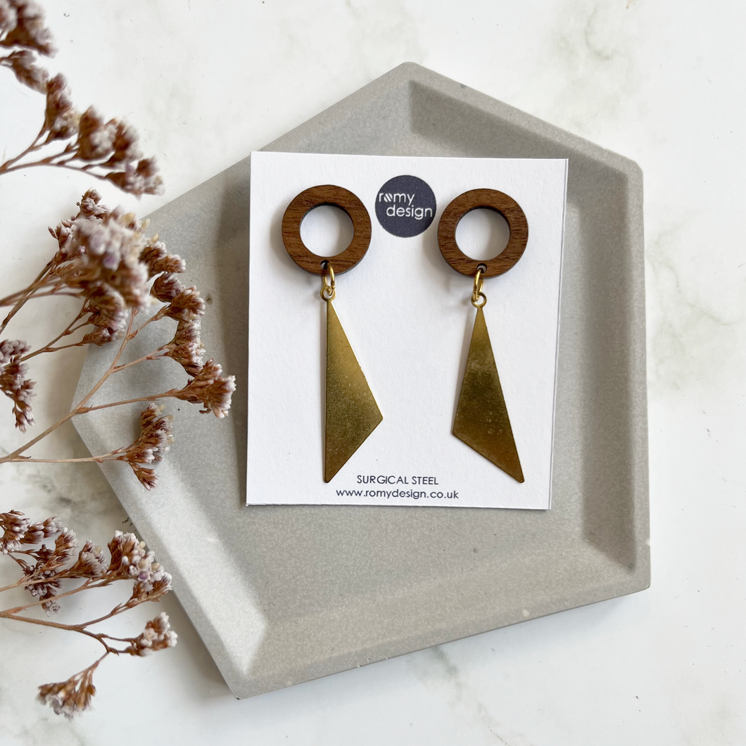 Wood & Gold Dangly Earrings