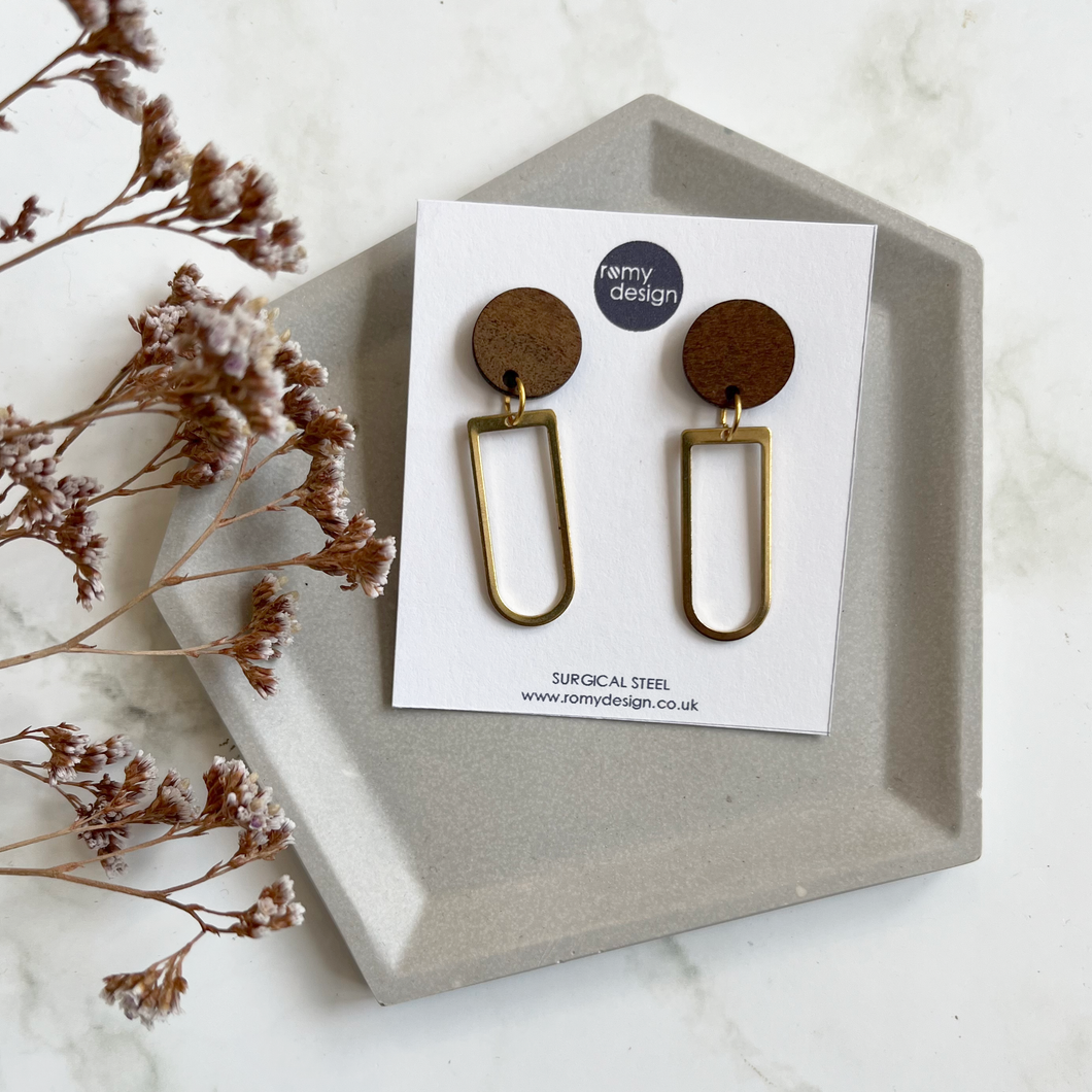 Wood & Gold Dangly Earrings