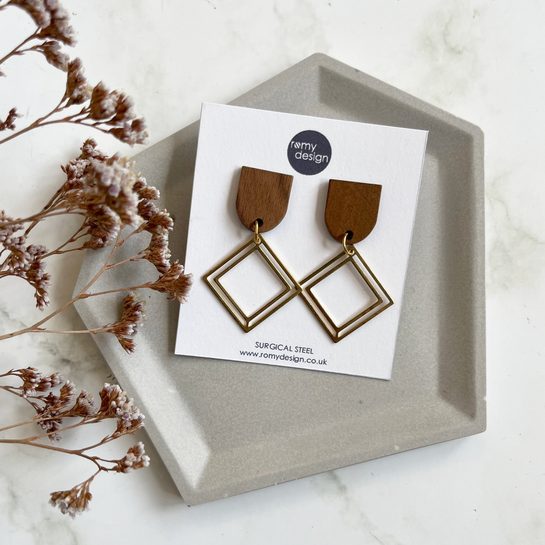 Wood & Gold Dangly Earrings