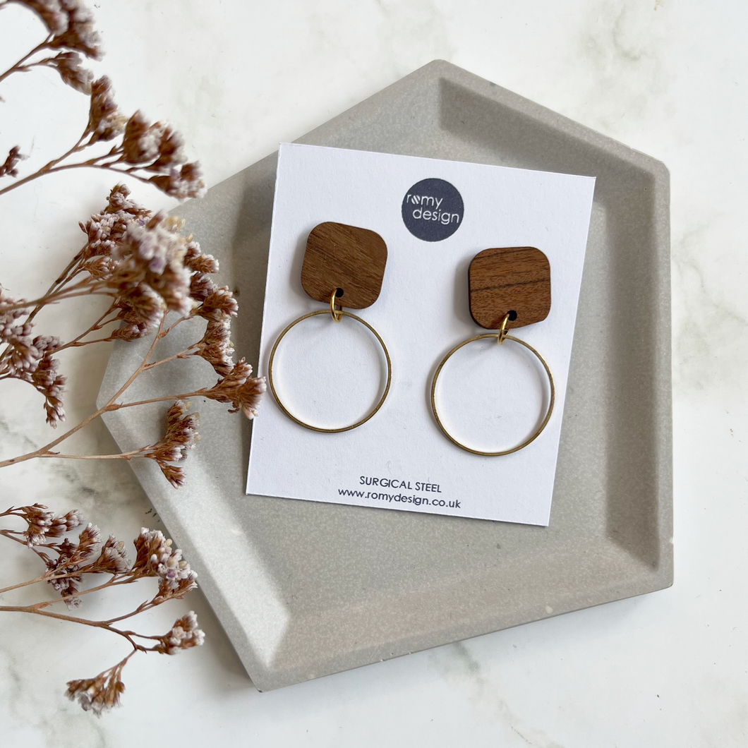 Wood & Gold Dangly Earrings