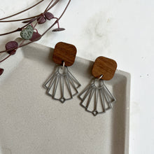 Load image into Gallery viewer, Wood &amp; Silver Dangly Earrings
