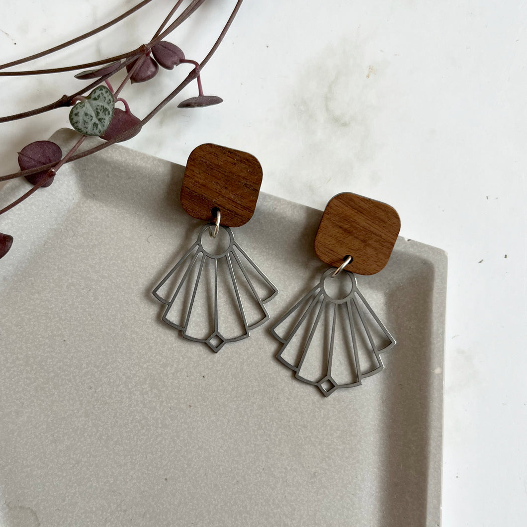Wood & Silver Dangly Earrings
