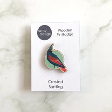Load image into Gallery viewer, Wooden Pin Badge - Crested Bunting
