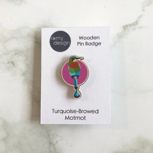 Wooden Pin Badge - Turquoise-Browed Motmot