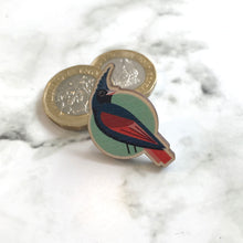Load image into Gallery viewer, Wooden Pin Badge - Crested Bunting
