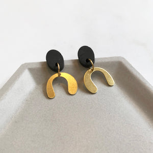 Charcoal Grey & Gold Dangly U-shape Earrings